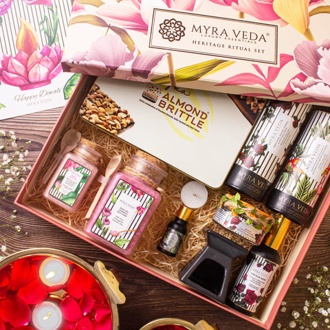 Myra Veda's Limited-Edition EXTRA-LARGE DIWALI  'LUXURY ESCAPE' Self-Care Heritage Hamper - Ensemble of 8