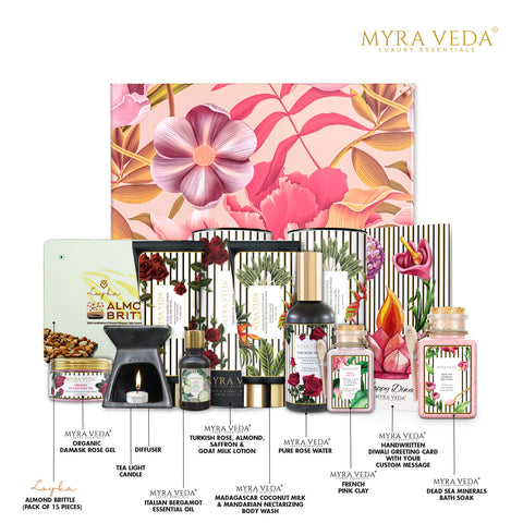 Myra Veda's Limited-Edition EXTRA-LARGE DIWALI  'LUXURY ESCAPE' Self-Care Heritage Hamper - Ensemble of 8