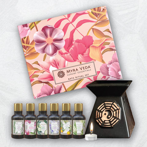 Myra Veda Essential Oils + Diffuser Kit + Tea Light Candle Gift Hamper