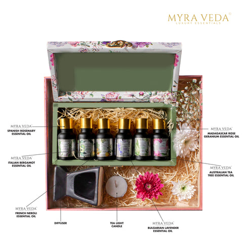 Myra Veda Essential Oils + Diffuser Kit + Tea Light Candle Gift Hamper