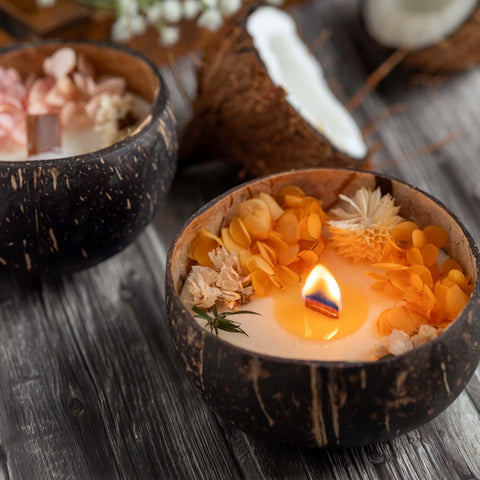 Coconut Shell Candle with wooden wick – Myra Veda Luxury Essentials