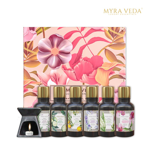 Myra Veda Essential Oils + Diffuser Kit + Tea Light Candle Gift Hamper