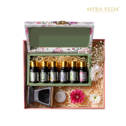 Myra Veda Essential Oils + Diffuser Kit + Tea Light Candle Gift Hamper